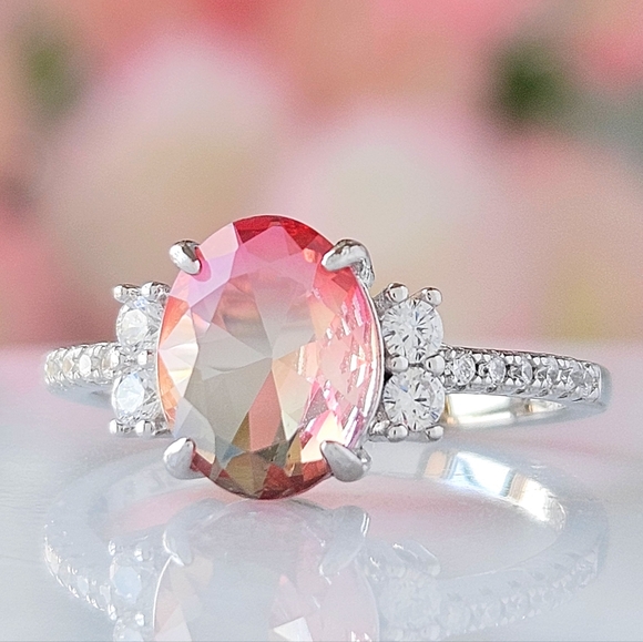 Oval cut peach anf pink gemstone ring, 925 Sterling Silver Charmed Aroma - Picture 4 of 5